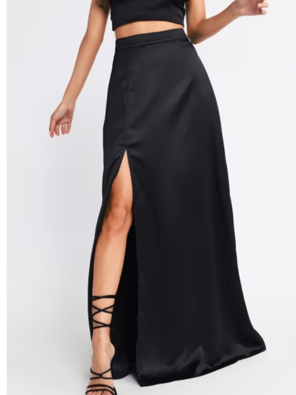 Tobi Black Satin Maxi Skirt with Side Thigh Slit